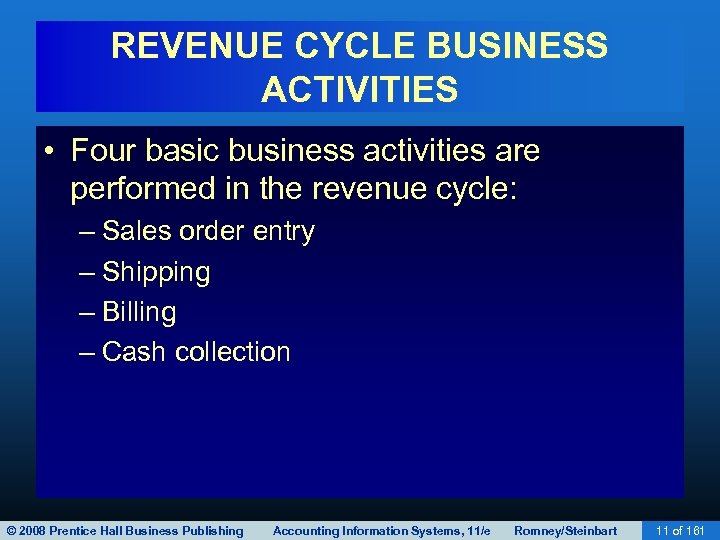 REVENUE CYCLE BUSINESS ACTIVITIES • Four basic business activities are performed in the revenue