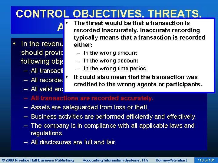 CONTROL OBJECTIVES, THREATS, • The threat would be that a transaction is AND PROCEDURES