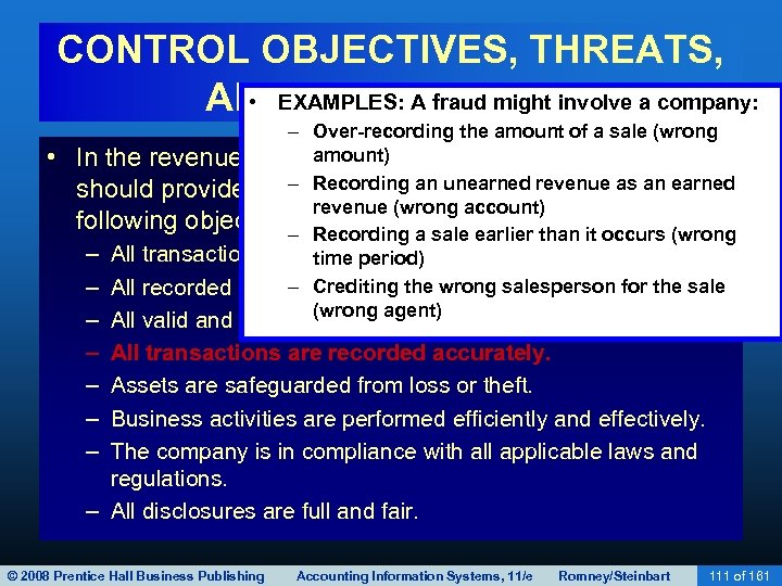 CONTROL OBJECTIVES, THREATS, • EXAMPLES: A fraud might involve a company: AND PROCEDURES •