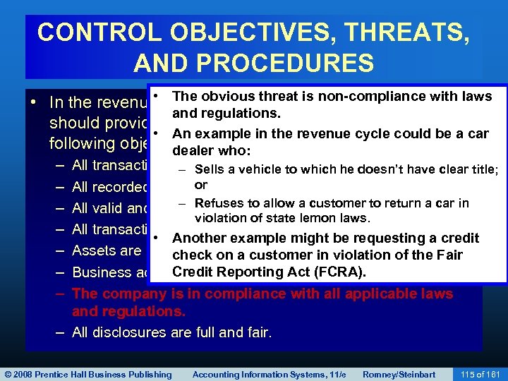 CONTROL OBJECTIVES, THREATS, AND PROCEDURES • The (or any cycle), non-compliance with laws •