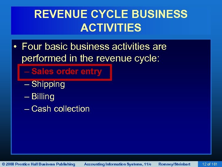 REVENUE CYCLE BUSINESS ACTIVITIES • Four basic business activities are performed in the revenue