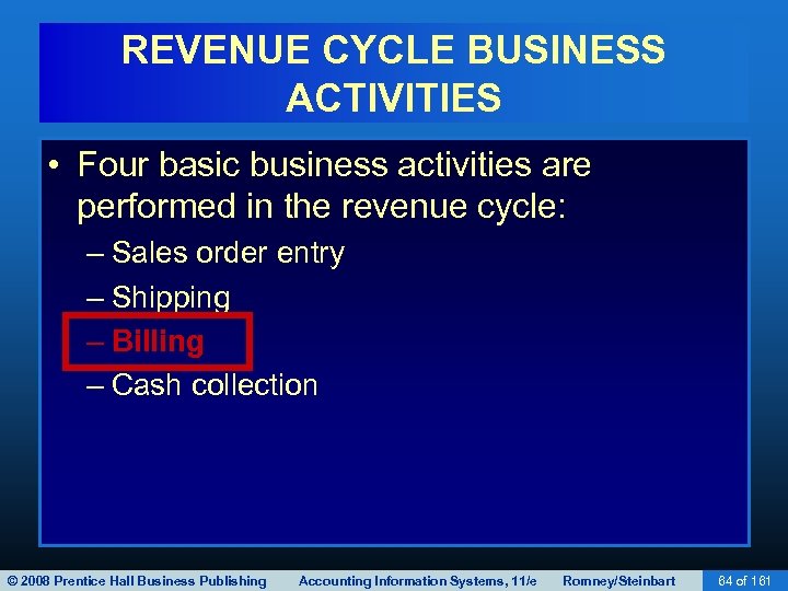 REVENUE CYCLE BUSINESS ACTIVITIES • Four basic business activities are performed in the revenue