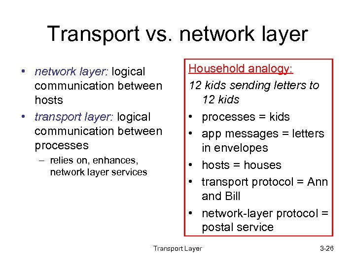 Transport vs. network layer • network layer: logical communication between hosts • transport layer: