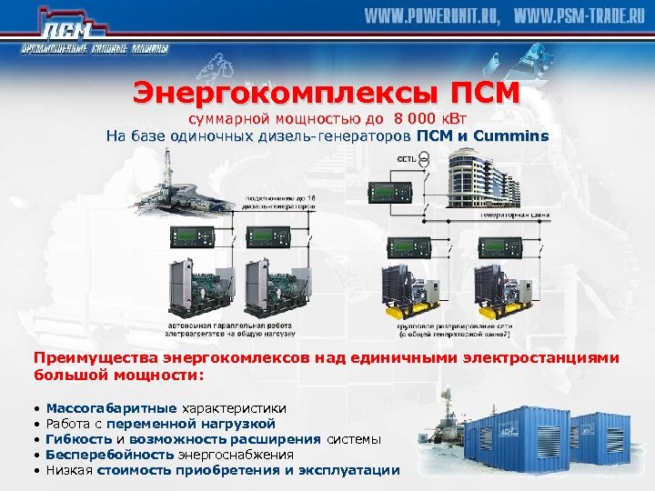 Энергокомплексы ПСМ суммарной мощностью до 8 000 к. Вт На базе одиночных дизель-генераторов ПСМ