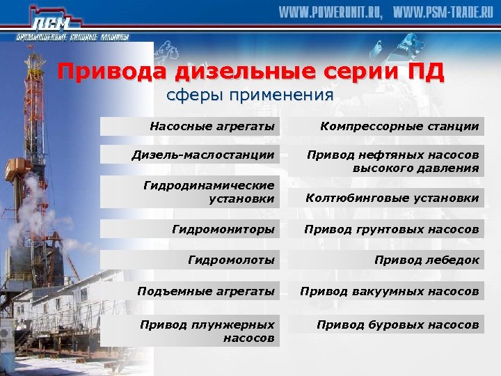 Привода дизельные серии ПД сферы применения Насосные агрегаты Компрессорные станции Дизель-маслостанции Привод нефтяных насосов