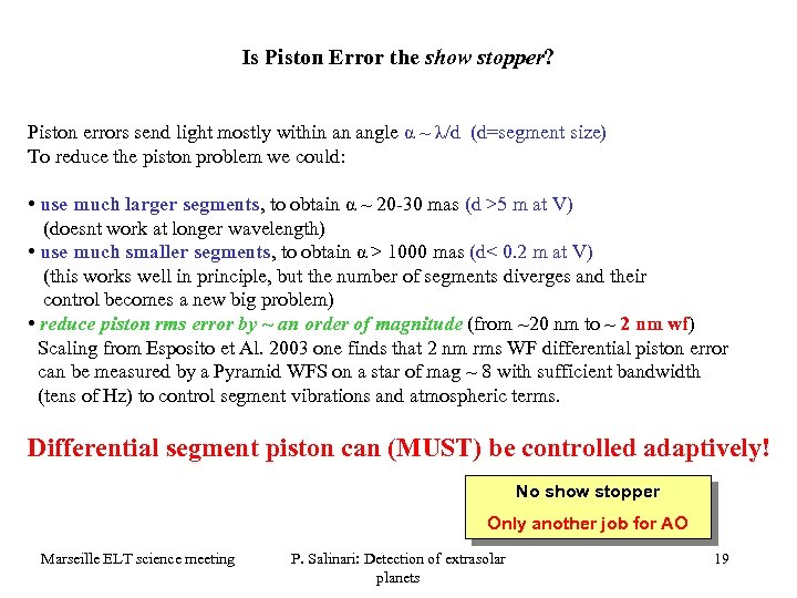 Is Piston Error the show stopper? Piston errors send light mostly within an angle