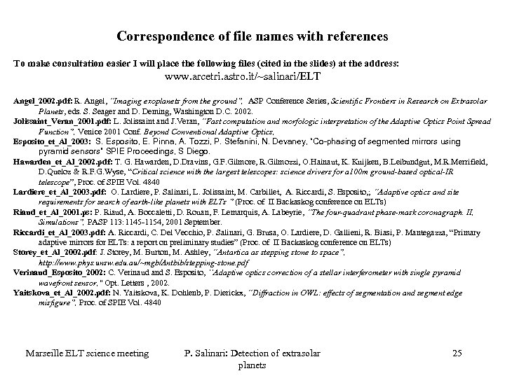 Correspondence of file names with references To make consultation easier I will place the