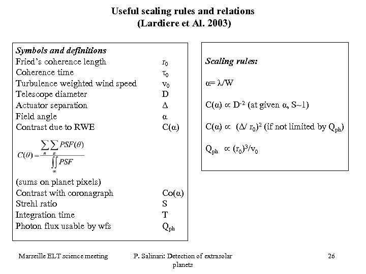 Useful scaling rules and relations (Lardiere et Al. 2003) Symbols and definitions Fried’s coherence