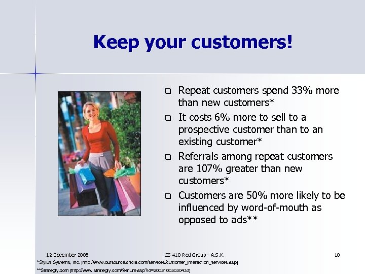 Keep your customers! q q 12 December 2005 Repeat customers spend 33% more than