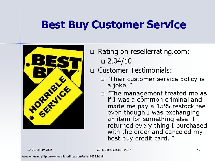 Best Buy Customer Service q q Rating on resellerrating. com: q 2. 04/10 Customer