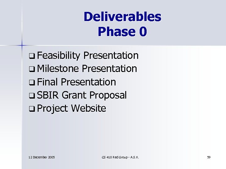 Deliverables Phase 0 q Feasibility Presentation q Milestone Presentation q Final Presentation q SBIR