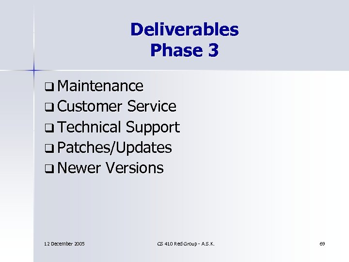Deliverables Phase 3 q Maintenance q Customer Service q Technical Support q Patches/Updates q