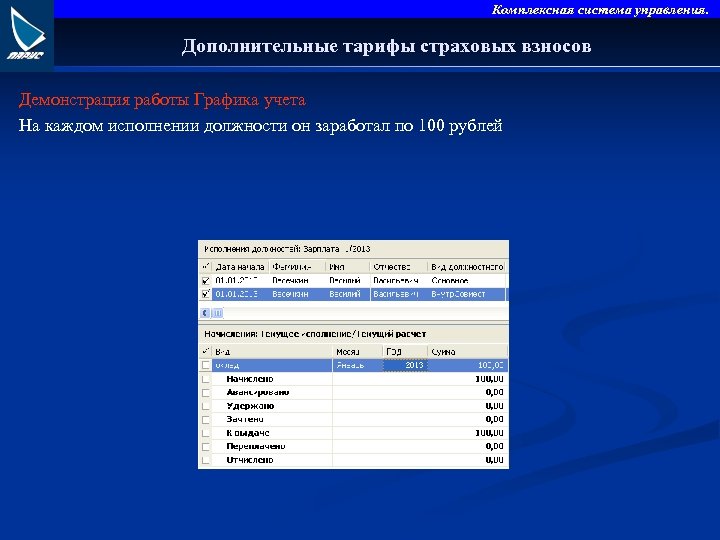Комплексная система управления. Дополнительные тарифы страховых взносов Демонстрация работы Графика учета На каждом исполнении