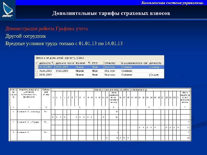 Комплексная система управления. Дополнительные тарифы страховых взносов Демонстрация работы Графика учета Другой сотрудник Вредные