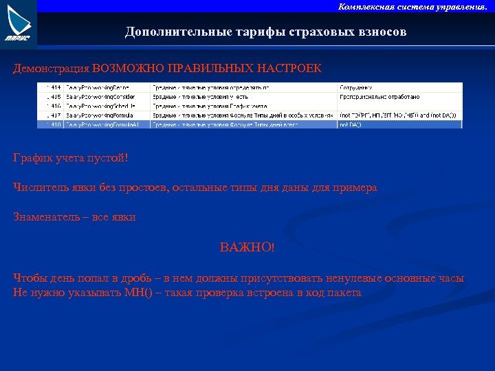 Комплексная система управления. Дополнительные тарифы страховых взносов Демонстрация ВОЗМОЖНО ПРАВИЛЬНЫХ НАСТРОЕК График учета пустой!