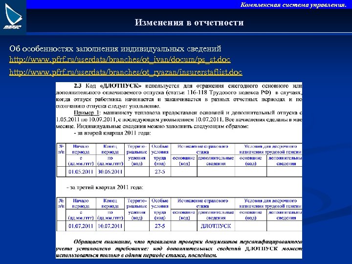 Комплексная система управления. Изменения в отчетности Об особенностях заполнения индивидуальных сведений http: //www. pfrf.