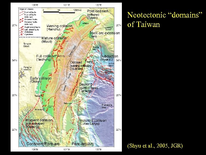 Neotectonic “domains” of Taiwan (Shyu et al. , 2005, JGR) 