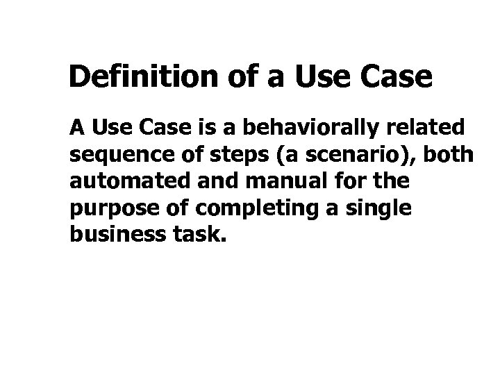 Definition of a Use Case A Use Case is a behaviorally related sequence of