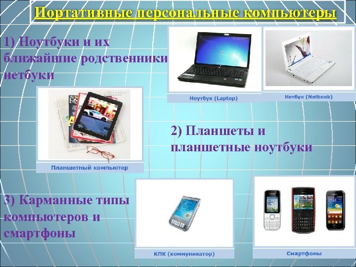 Портативные персональные компьютеры 1) Ноутбуки и их ближайшие родственники нетбуки 2) Планшеты и планшетные
