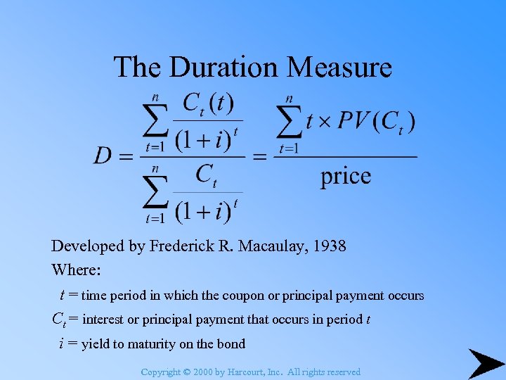 The Duration Measure Developed by Frederick R. Macaulay, 1938 Where: t = time period