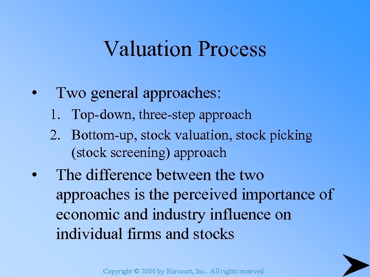 Valuation Process • Two general approaches: 1. Top-down, three-step approach 2. Bottom-up, stock valuation,