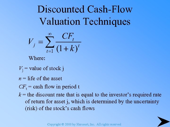 Discounted Cash-Flow Valuation Techniques Where: Vj = value of stock j n = life