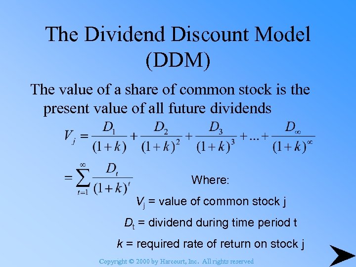 The Dividend Discount Model (DDM) The value of a share of common stock is