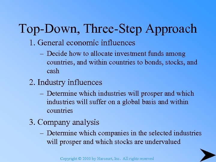 Top-Down, Three-Step Approach 1. General economic influences – Decide how to allocate investment funds