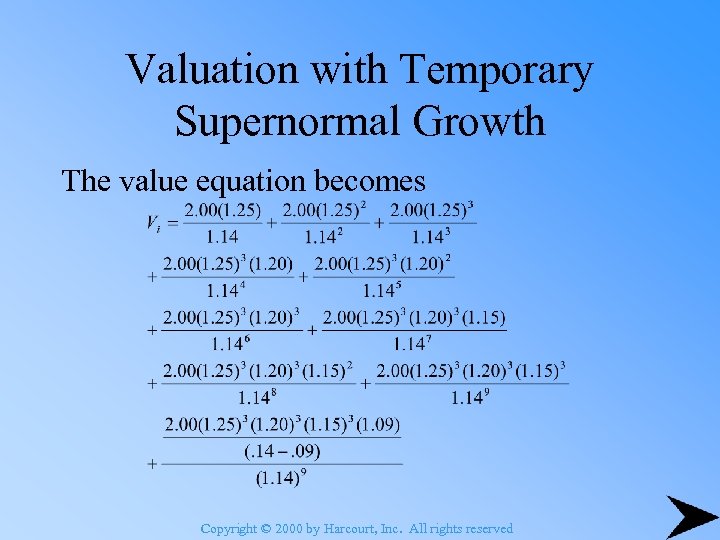 Valuation with Temporary Supernormal Growth The value equation becomes Copyright © 2000 by Harcourt,