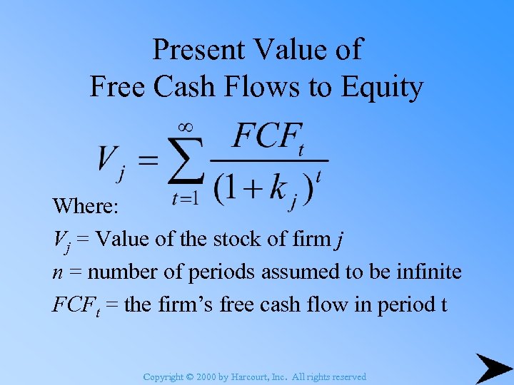Present Value of Free Cash Flows to Equity Where: Vj = Value of the