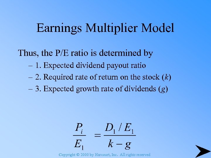 Earnings Multiplier Model Thus, the P/E ratio is determined by – 1. Expected dividend