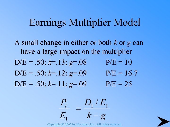 Earnings Multiplier Model A small change in either or both k or g can