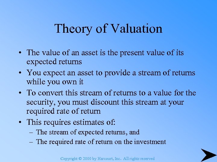 Theory of Valuation • The value of an asset is the present value of