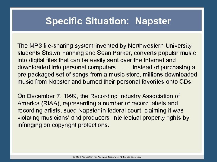 Specific Situation: Napster The MP 3 file-sharing system invented by Northwestern University students Shawn