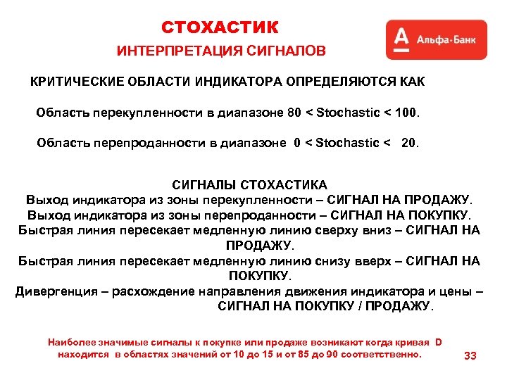СТОХАСТИК ИНТЕРПРЕТАЦИЯ СИГНАЛОВ КРИТИЧЕСКИЕ ОБЛАСТИ ИНДИКАТОРА ОПРЕДЕЛЯЮТСЯ КАК Область перекупленности в диапазоне 80 <