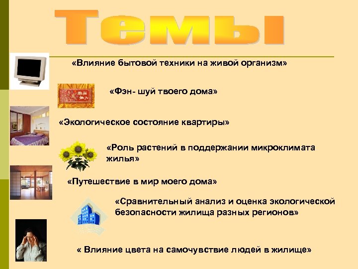  «Влияние бытовой техники на живой организм» «Фэн- шуй твоего дома» «Экологическое состояние квартиры»
