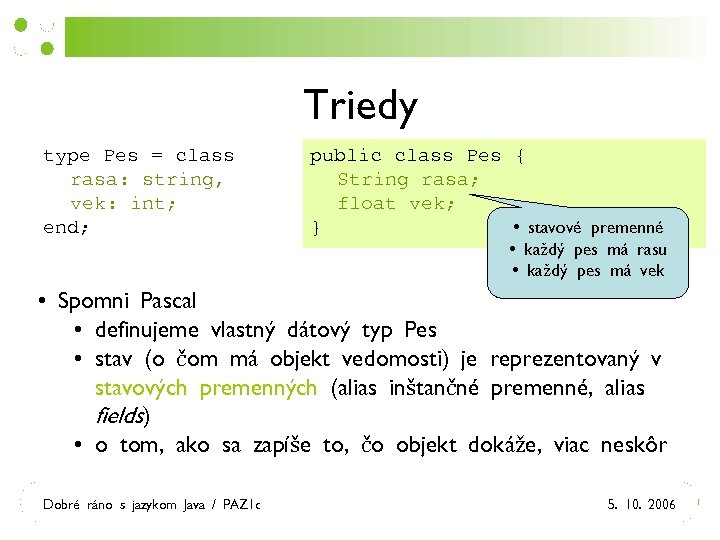 Triedy type Pes = class rasa: string, vek: int; end; public class Pes {