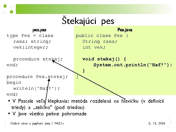Štekajúci pes. pas type Pes = class rasa: string; vek: integer; Pes. java public