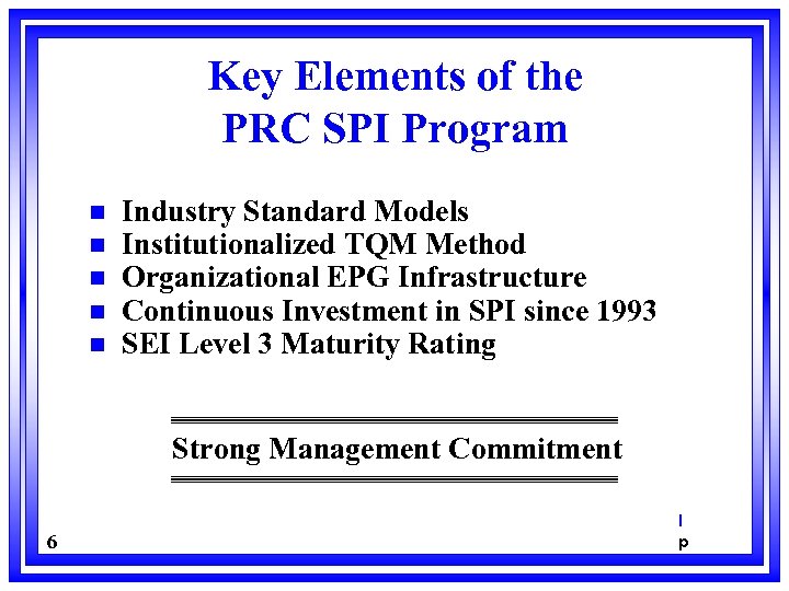 Key Elements of the PRC SPI Program n n n Industry Standard Models Institutionalized