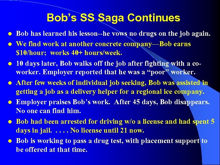 Bob’s SS Saga Continues l l l l Bob has learned his lesson--he vows