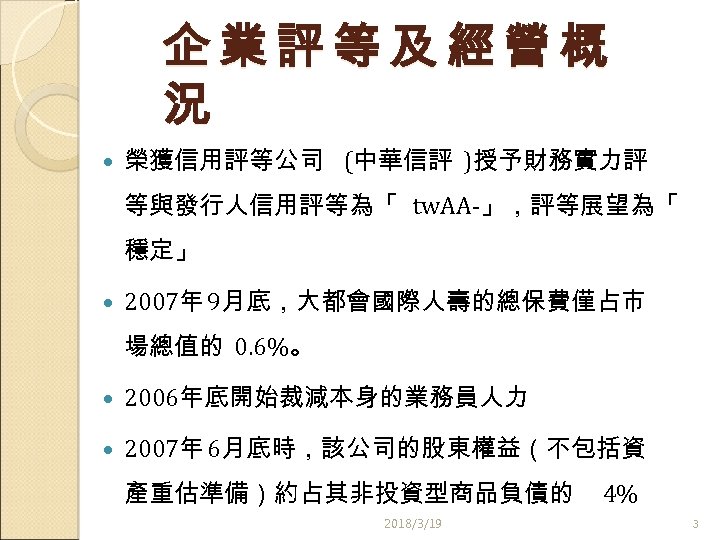 企業評等及經營概 況 榮獲信用評等公司 (中華信評 )授予財務實力評 等與發行人信用評等為「 tw. AA-」，評等展望為「 穩定」 2007年 9月底，大都會國際人壽的總保費僅占市 場總值的 0. 6%。