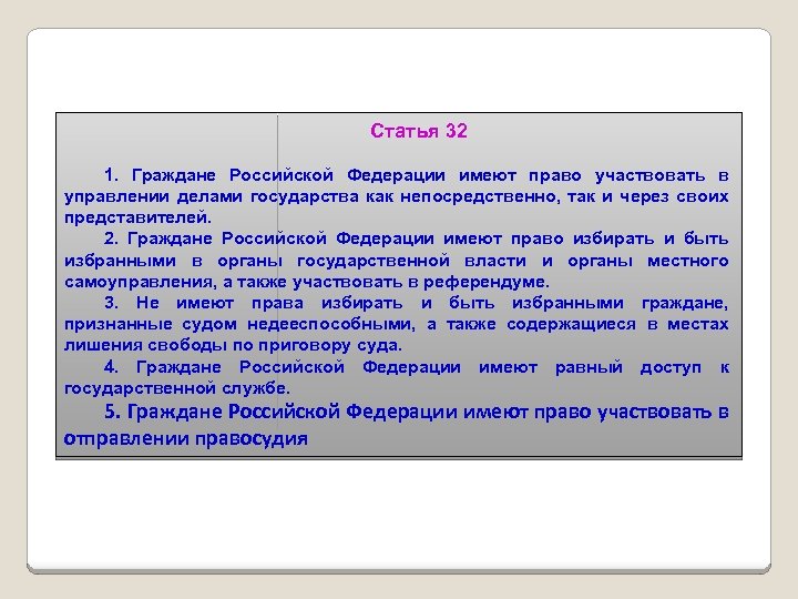 Статья 32 1. Граждане Российской Федерации имеют право участвовать в управлении делами государства как