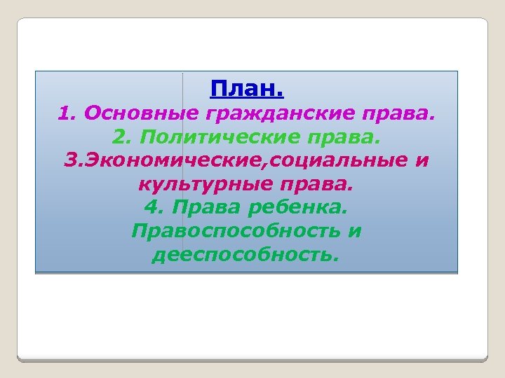 План. 1. Основные гражданские права. 2. Политические права. 3. Экономические, социальные и культурные права.