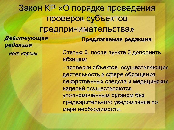 Закон КР «О порядке проведения проверок субъектов предпринимательства» Действующая редакция нет нормы Предлагаемая редакция