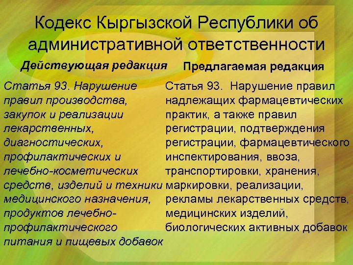 Кодекс Кыргызской Республики об административной ответственности Действующая редакция Предлагаемая редакция Статья 93. Нарушение Статья