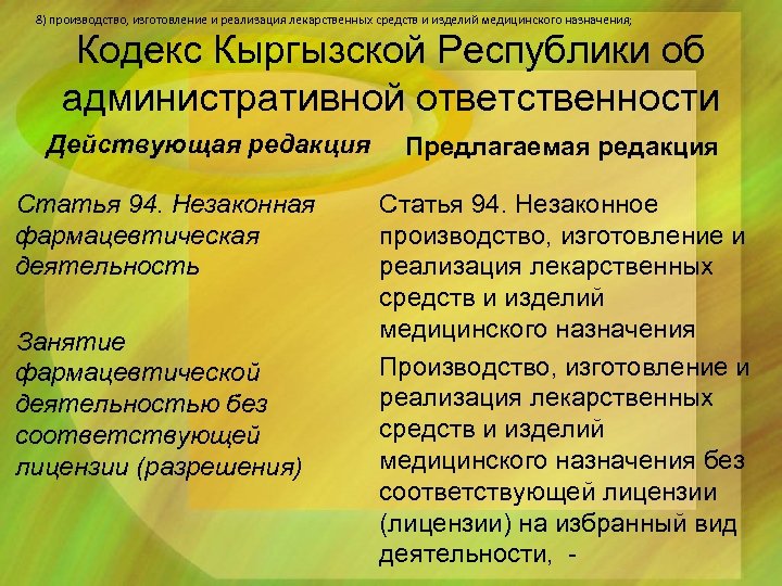 8) производство, изготовление и реализация лекарственных средств и изделий медицинского назначения; Кодекс Кыргызской Республики