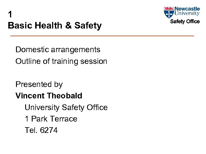 1 Basic Health & Safety Domestic arrangements Outline of training session Presented by Vincent