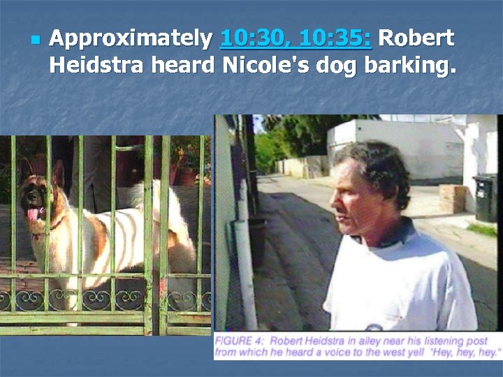 n Approximately 10: 30, 10: 35: Robert Heidstra heard Nicole's dog barking. 