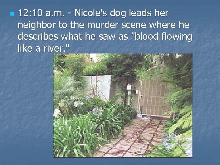 n 12: 10 a. m. - Nicole's dog leads her neighbor to the murder