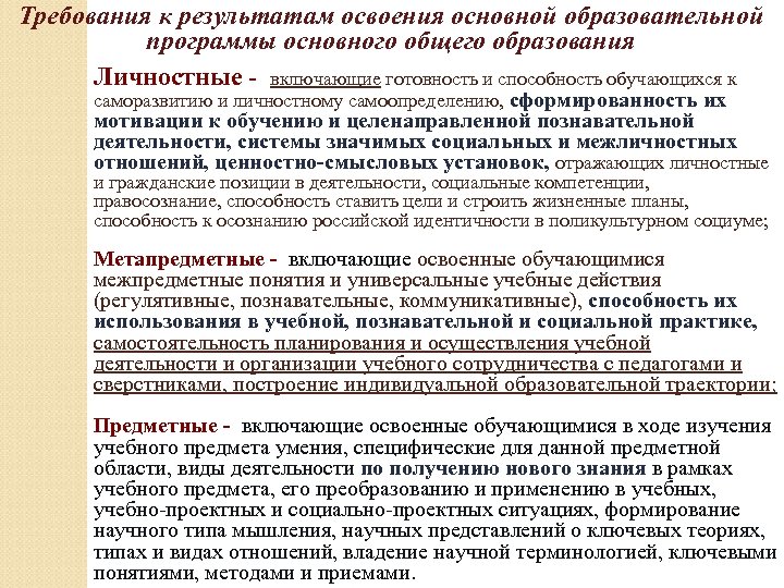 Требования к результатам освоения основной образовательной программы основного общего образования Личностные - включающие готовность